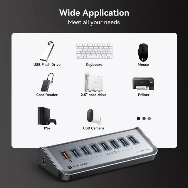 Alt view image 5 of 6 - Yottamaster USB3.0 Hub, 8 Ports USB Hub Splitter (7 Data Transfer Ports+ 1 Charging Port 18W), USB Dock with DC 12V/3A Power Adapter, Type C to USB Extension for Laptop, Flash Drives, Mobile HDD