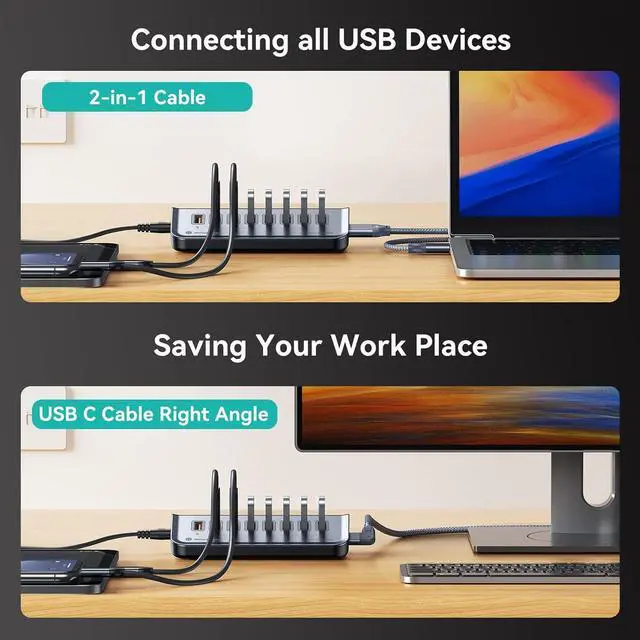 Alt view image 2 of 6 - Yottamaster USB3.0 Hub, 8 Ports USB Hub Splitter (7 Data Transfer Ports+ 1 Charging Port 18W), USB Dock with DC 12V/3A Power Adapter, Type C to USB Extension for Laptop, Flash Drives, Mobile HDD