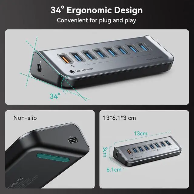 Alt view image 4 of 6 - Yottamaster USB3.0 Hub, 8 Ports USB Hub Splitter (7 Data Transfer Ports+ 1 Charging Port 18W), USB Dock with DC 12V/3A Power Adapter, Type C to USB Extension for Laptop, Flash Drives, Mobile HDD
