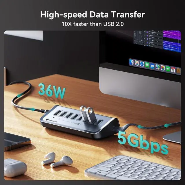 Alt view image 3 of 6 - Yottamaster USB3.0 Hub, 8 Ports USB Hub Splitter (7 Data Transfer Ports+ 1 Charging Port 18W), USB Dock with DC 12V/3A Power Adapter, Type C to USB Extension for Laptop, Flash Drives, Mobile HDD