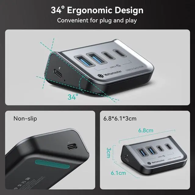 Alt view image 3 of 6 - Yottamaster USB 3.2 Hub 4 Ports, Type C to USB 3.2 Gen2 10Gbps Data Hub with 2USB-A & 2USB-C, USB Hub 5V/2A for Laptop, PC, USB Flash Drives, Mobile HDD, and More(1.6ft)