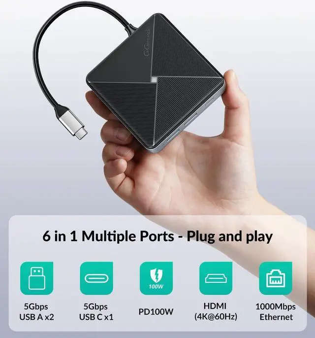 Alt view image 5 of 7 - GiGimundo by Yottamaster 6-in-1 USB C Hub with USB 3.0 Splitters x 2, 5Gbps USB C Port x 1, 4K@60HZ HDMI, 1000Mbps Ethernet, PD 100W, Multi Extra USB Extender Adapter for Laptop, MacBook, Mac Mini