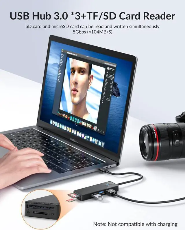 Alt view image 3 of 7 - GiGimundo By Yottamaster USB Hub 3.0 with SD TF Card Reader, 4 Ports 5Gbps USB Splitter Multi Expander for Laptop, Computer, PC, PS4, Xbox, Printer, Keyboard, Mouse (Balck, 15cm)