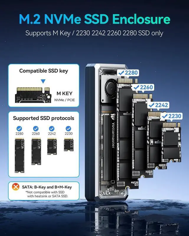Alt view image 7 of 7 - Yottamaster 40Gbps M.2 NVMe SSD Enclosure with Built-in Cooling Fan, Tool-Free Aluminum NVMe Enclosure, Support 4TB M.2 NVMe 2230 2242 2260 2280 (M Key), Compatible with USB4/3.2/3.1/3.0 [YACOM2]