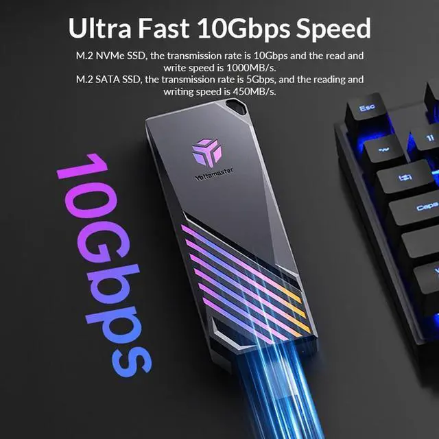 Alt view image 2 of 7 - Yottamaster RGB Gaming M.2 NVMe/SATA SSD Enclosure Adapter, NVMe to USB3.2 Gen2 10Gbps, SATA to USB3.0 5Gbps Case Support M-Key/B+M key