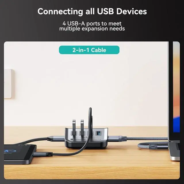 Alt view image 6 of 7 - Yottamaster USB 3.0 Hub 4 Ports, 5Gbps USB Hub 3.0, Type C to USB 3.2 Gen1 Data Hub with 1.6ft USB-C Cable for Laptop, PC, USB Flash Drives, Mobile HDD, and More (1.6ft)-2in1 Cable