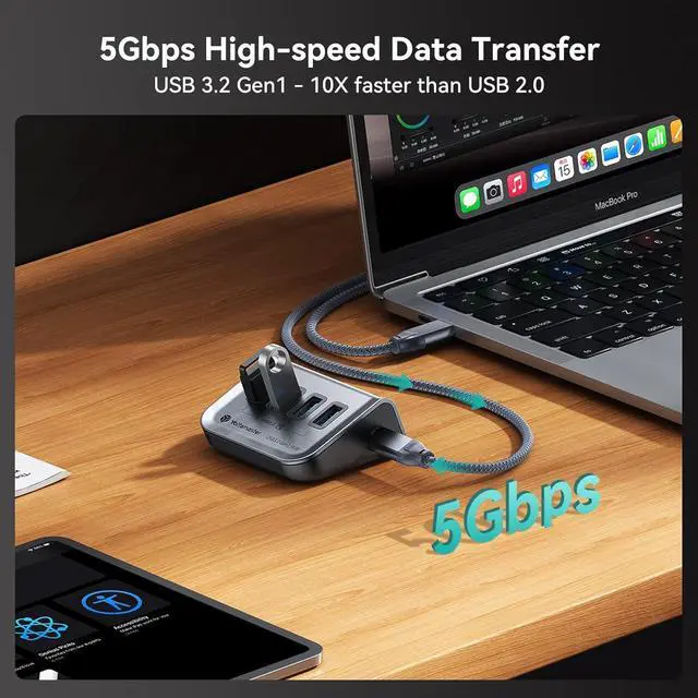 Alt view image 3 of 7 - Yottamaster USB 3.0 Hub 4 Ports, 5Gbps USB Hub 3.0, Type C to USB 3.2 Gen1 Data Hub with 1.6ft USB-C Cable for Laptop, PC, USB Flash Drives, Mobile HDD, and More (1.6ft)-2in1 Cable