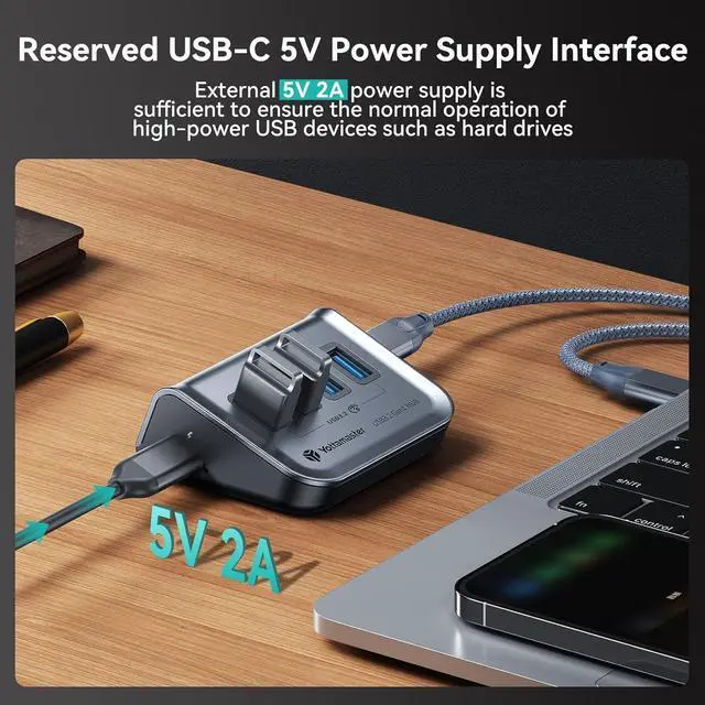 Alt view image 7 of 7 - Yottamaster USB 3.0 Hub 4 Ports, 5Gbps USB Hub 3.0, Type C to USB 3.2 Gen1 Data Hub with 1.6ft USB-C Cable for Laptop, PC, USB Flash Drives, Mobile HDD, and More (1.6ft)-2in1 Cable