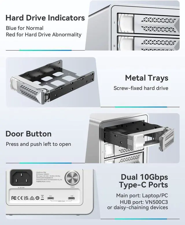 Alt view image 5 of 7 - Yottamaster VN500C3 5 Bay Hard Drive Enclosure, 10Gbps Daisy-Chain 5 Bay DAS, Aluminum USB C DAS Enclosure Support 110TB (5x22TB), Max Up to 330TB for 2.5" & 3.5" SATA HDD/SSD (Diskless)