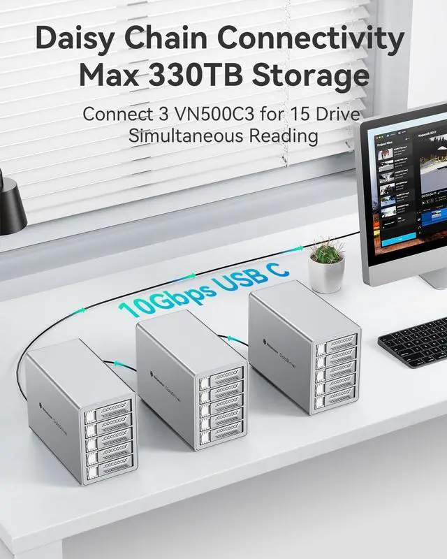 Alt view image 2 of 7 - Yottamaster VN500C3 5 Bay Hard Drive Enclosure, 10Gbps Daisy-Chain 5 Bay DAS, Aluminum USB C DAS Enclosure Support 110TB (5x22TB), Max Up to 330TB for 2.5" & 3.5" SATA HDD/SSD (Diskless)