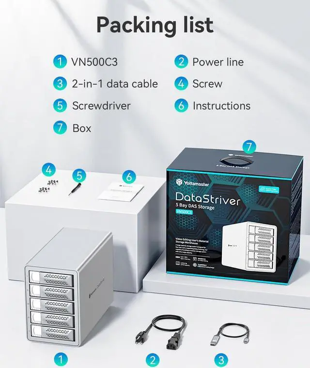 Alt view image 4 of 7 - Yottamaster VN500C3 5 Bay Hard Drive Enclosure, 10Gbps Daisy-Chain 5 Bay DAS, Aluminum USB C DAS Enclosure Support 110TB (5x22TB), Max Up to 330TB for 2.5" & 3.5" SATA HDD/SSD (Diskless)