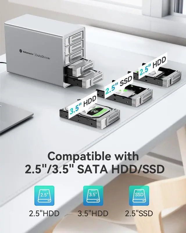 Alt view image 6 of 7 - Yottamaster VN500C3 5 Bay Hard Drive Enclosure, 10Gbps Daisy-Chain 5 Bay DAS, Aluminum USB C DAS Enclosure Support 110TB (5x22TB), Max Up to 330TB for 2.5" & 3.5" SATA HDD/SSD (Diskless)