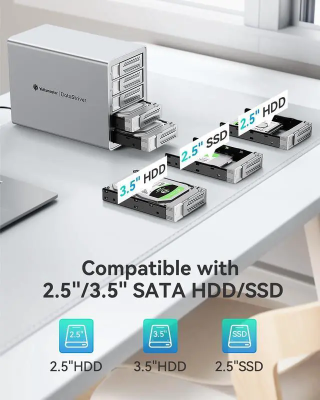 Alt view image 7 of 7 - Yottamaster VN500RU3 5 Bay RAID Hard Drive Enclosure, Aluminum USB3.0 5 Bay RAID Enclosure DAS for 2.5" & 3.5" SATA HDD/SSD, Support 110TB (5x22TB), RAID 1, RAID 5, RAID 10, JBOD (Diskless)