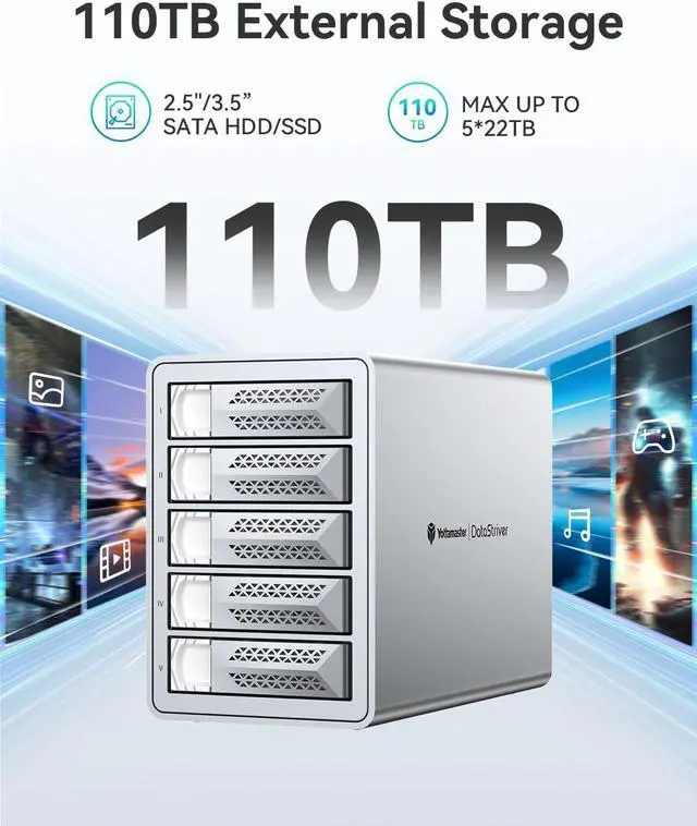 Alt view image 2 of 7 - Yottamaster VN500RU3 5 Bay RAID Hard Drive Enclosure, Aluminum USB3.0 5 Bay RAID Enclosure DAS for 2.5" & 3.5" SATA HDD/SSD, Support 110TB (5x22TB), RAID 1, RAID 5, RAID 10, JBOD (Diskless)