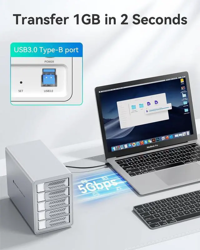 Alt view image 3 of 7 - Yottamaster VN500RU3 5 Bay RAID Hard Drive Enclosure, Aluminum USB3.0 5 Bay RAID Enclosure DAS for 2.5" & 3.5" SATA HDD/SSD, Support 110TB (5x22TB), RAID 1, RAID 5, RAID 10, JBOD (Diskless)