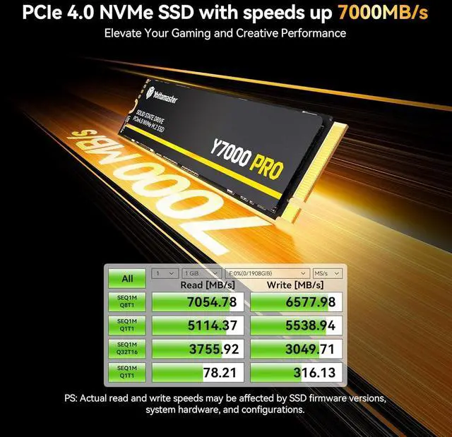 Alt view image 2 of 7 - Yottamaster Y7000Pro 1TB SSD M.2 PCIe 4.0, Up to 7000MB/s, M.2 2280 NVMe Internal Solid State Drive with 3D QLC NAND Flash, Upgrade Storage for PS5, PC Computer, Laptop, Gaming