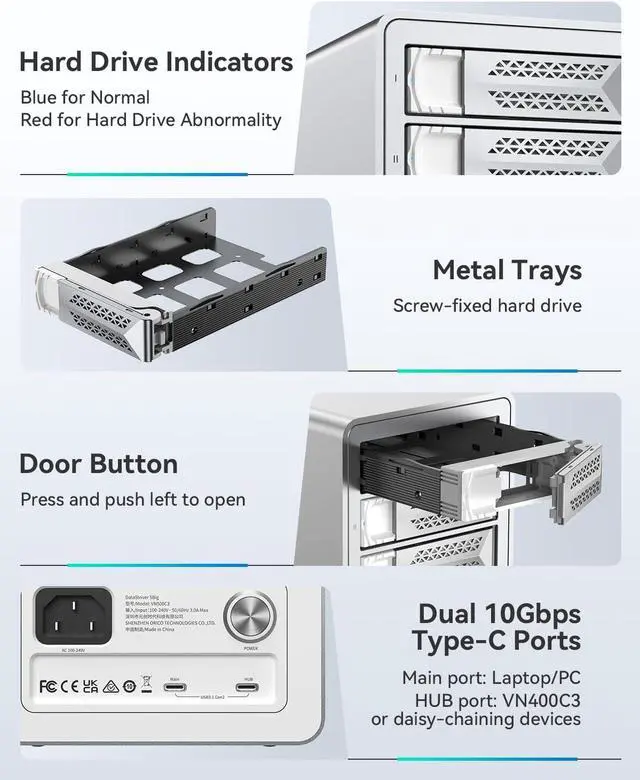 Alt view image 3 of 7 - Yottamaster VN400C3 4 Bay Hard Drive Enclosure, 10Gbps Daisy-Chain 4 Bay DAS, Aluminum USB C DAS Enclosure Support 88TB (4x22TB), Max Up to 264TB for 2.5" & 3.5" SATA HDD/SSD (Diskless)