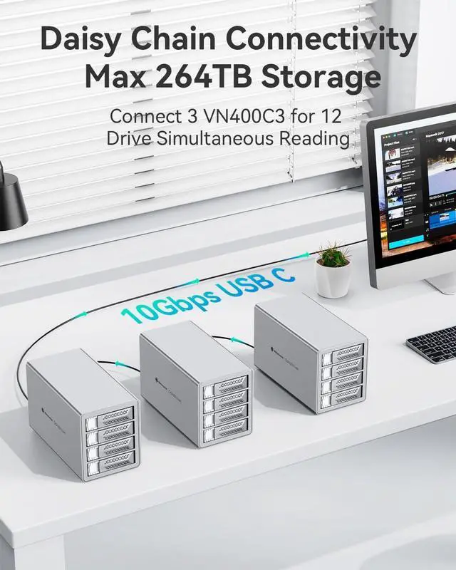 Alt view image 7 of 7 - Yottamaster VN400C3 4 Bay Hard Drive Enclosure, 10Gbps Daisy-Chain 4 Bay DAS, Aluminum USB C DAS Enclosure Support 88TB (4x22TB), Max Up to 264TB for 2.5" & 3.5" SATA HDD/SSD (Diskless)