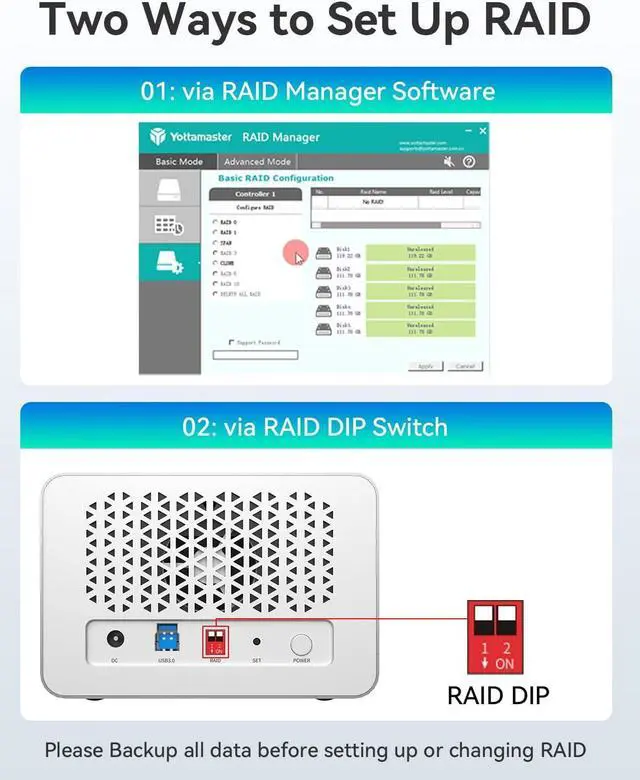 Alt view image 6 of 7 - Yottamaster 44TB Dual-Bay RAID Enclosure: 5Gbps High-Speed Transfer, Hardware RAID Support, Compatible with 2.5/3.5-inch SATA HDD/SSD & Windows/Mac  Ideal for Video Editing & Data Storage