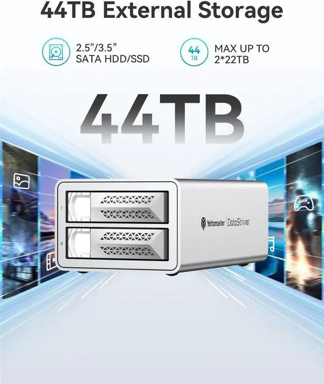 Alt view image 2 of 7 - Yottamaster 44TB Dual-Bay RAID Enclosure: 5Gbps High-Speed Transfer, Hardware RAID Support, Compatible with 2.5/3.5-inch SATA HDD/SSD & Windows/Mac  Ideal for Video Editing & Data Storage