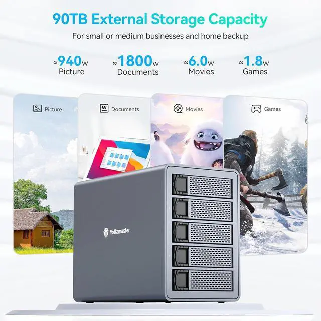 Alt view image 9 of 14 - Yottamaster 5 Bay Hard Drive Enclosure, Aluminum USB3.0 3.5" HDD Enclosure for 3.5/2.5 Inch SATA HDD Support 90TB (5 x 18TB), Non-RAID Direct Attached Storage (DAS) with Fan & 150W Power- [FS5U3]