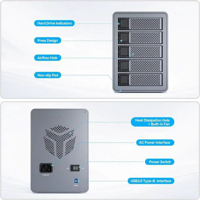 Alt view image 11 of 14 - Yottamaster 5 Bay Hard Drive Enclosure, Aluminum USB3.0 3.5" HDD Enclosure for 3.5/2.5 Inch SATA HDD Support 90TB (5 x 18TB), Non-RAID Direct Attached Storage (DAS) with Fan & 150W Power- [FS5U3]