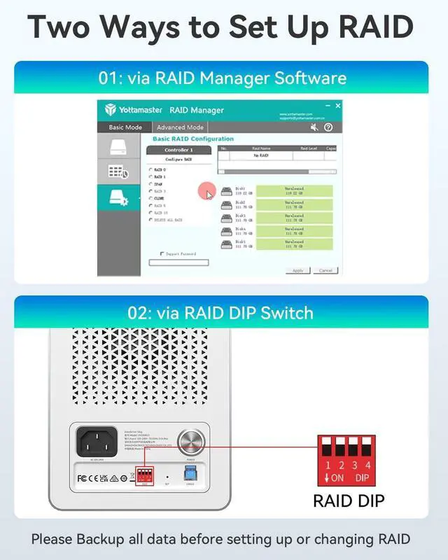 Alt view image 7 of 7 - Yottamaster VN400RU3 4 Bay RAID Hard Drive Enclosure, Aluminum USB3.0 DAS for 2.5" & 3.5" SATA HDD/SSD, Support 88TB (4x22TB), RAID 1, 5, 10, JBOD (Diskless)