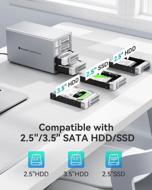 Alt view image 5 of 7 - Yottamaster VN400RU3 4 Bay RAID Hard Drive Enclosure, Aluminum USB3.0 DAS for 2.5" & 3.5" SATA HDD/SSD, Support 88TB (4x22TB), RAID 1, 5, 10, JBOD (Diskless)