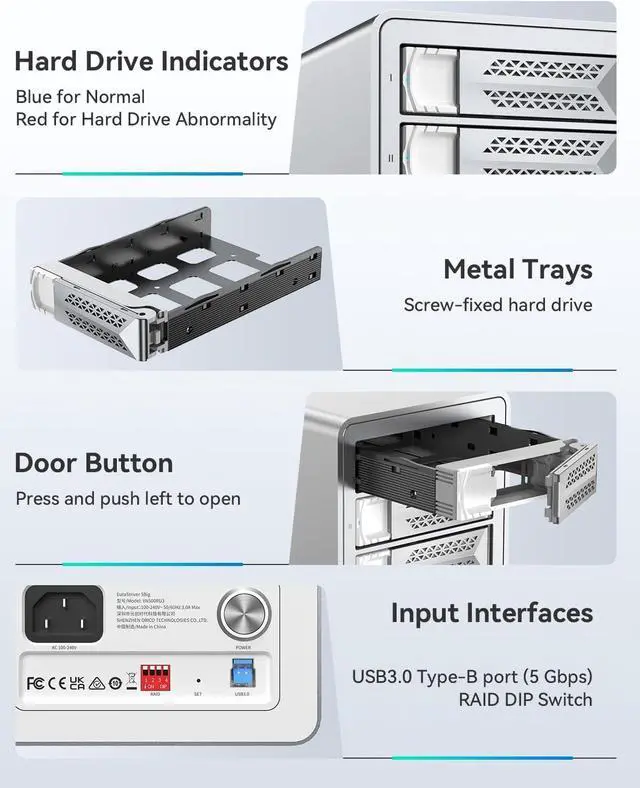 Alt view image 3 of 7 - Yottamaster VN400RU3 4 Bay RAID Hard Drive Enclosure, Aluminum USB3.0 DAS for 2.5" & 3.5" SATA HDD/SSD, Support 88TB (4x22TB), RAID 1, 5, 10, JBOD (Diskless)