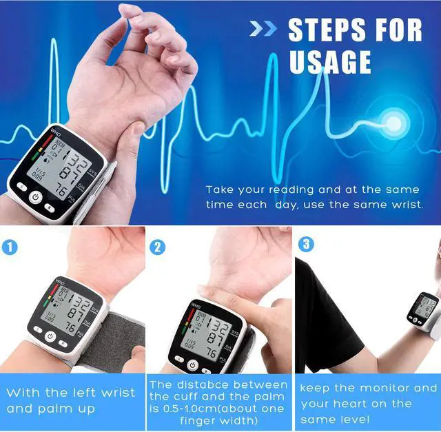 Alt view image 6 of 7 - Rechargeable Wrist Blood Pressure Monitor Automatic Blood Pressure Kit Bp Cuff Wrist Cuff Tonometer Profesional Heart Rate Monitor