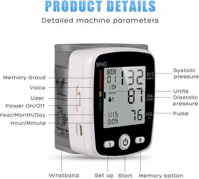 Alt view image 4 of 7 - Rechargeable Wrist Blood Pressure Monitor Automatic Blood Pressure Kit Bp Cuff Wrist Cuff Tonometer Profesional Heart Rate Monitor