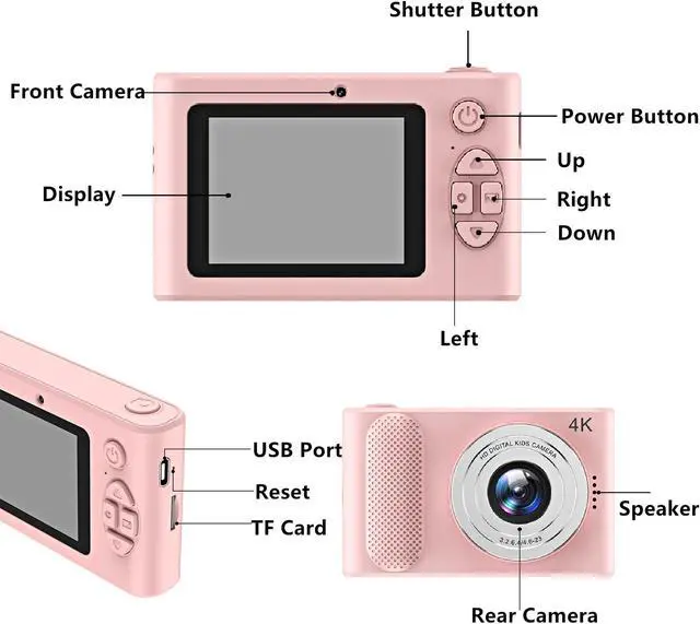 Alt view image 2 of 7 - Digital Camera FHD 4K 44MP with 32GB Card 4X Zoom Anti Shake Compact Portable Small Cameras for Photography Point and Shoot Camera Gift for Teen Beginner Pink