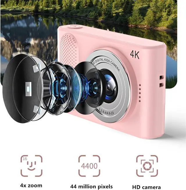Alt view image 6 of 7 - Digital Camera FHD 4K 44MP with 32GB Card 4X Zoom Anti Shake Compact Portable Small Cameras for Photography Point and Shoot Camera Gift for Teen Beginner Pink