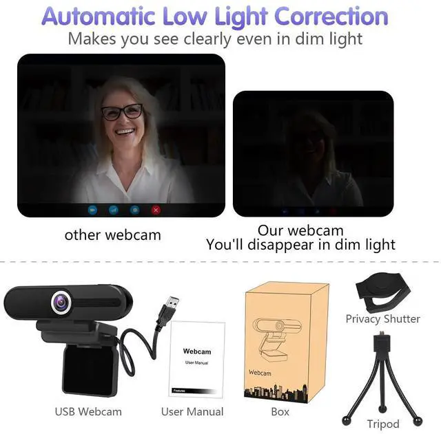 Alt view image 6 of 6 - HZQDLN 4K Webcam, HD Webcam 8MP- Laptop PC Desktop Computer Web Camera with Microphone, USB Webcams for Video Calling Recording Streaming Video Conference, Webcam with Mini Tripod, Privacy Shutter