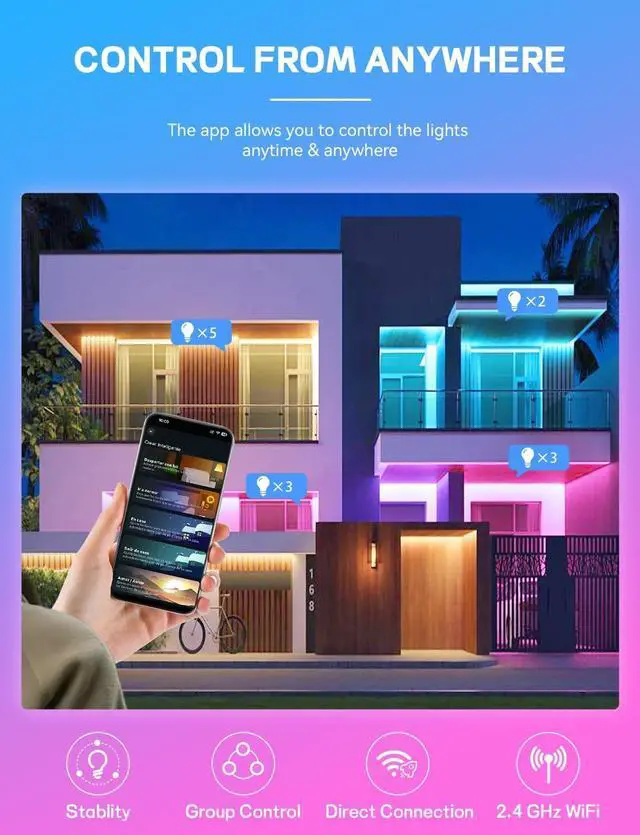 Alt view image 3 of 7 - Smart Light Bulbs 4Pack with Remote, A19 E26 800LM LED Color Changing Light Bulb, WiFi & Bluetooth 5.2, Warm to Cool White, Dimmable, RGB Smart Home Lighting Work with Alexa Google Assistant