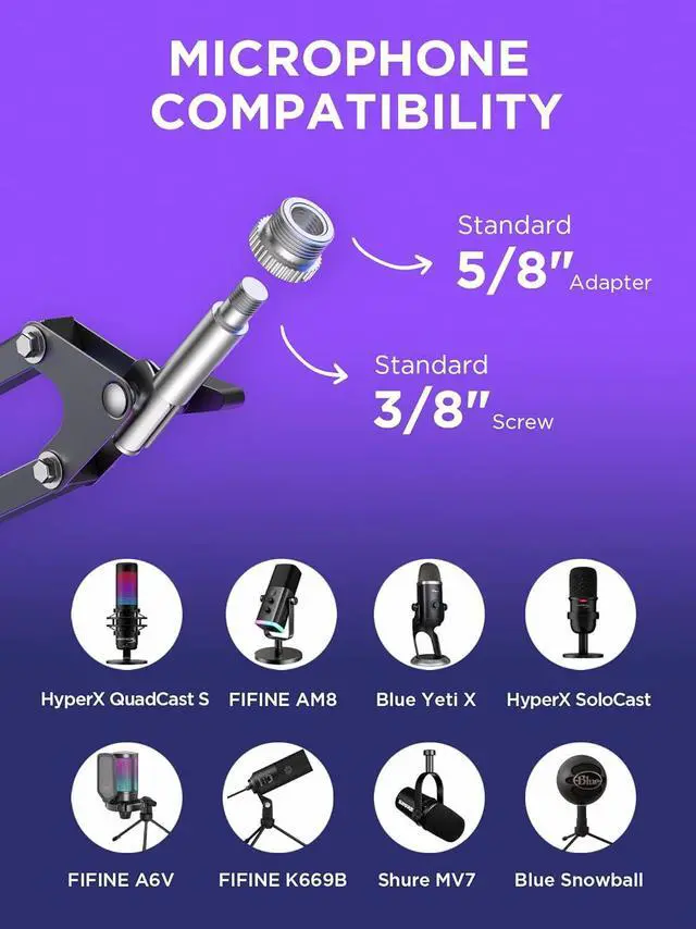 Alt view image 4 of 7 - Adiven 2025 updated Boom Arm Microphone Mic Stand for Blue Yeti HyperX QuadCast SoloCast Snowball Fifine Shure SM7B and other Mic, QuadCast Boom Arm,Mic Stand Desk with 3/8" to 5/8" Adapter