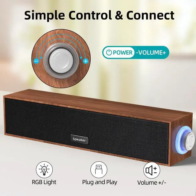 Alt view image 5 of 7 - Computer Speakers,Wooden Multimedia Digital Speaker,USB Powered 3.5mm AUX PC Speakers,Surround Sound Portable Computer Sound Bar Speaker for Desktop Laptop (USB-C to USB Adapter Included)