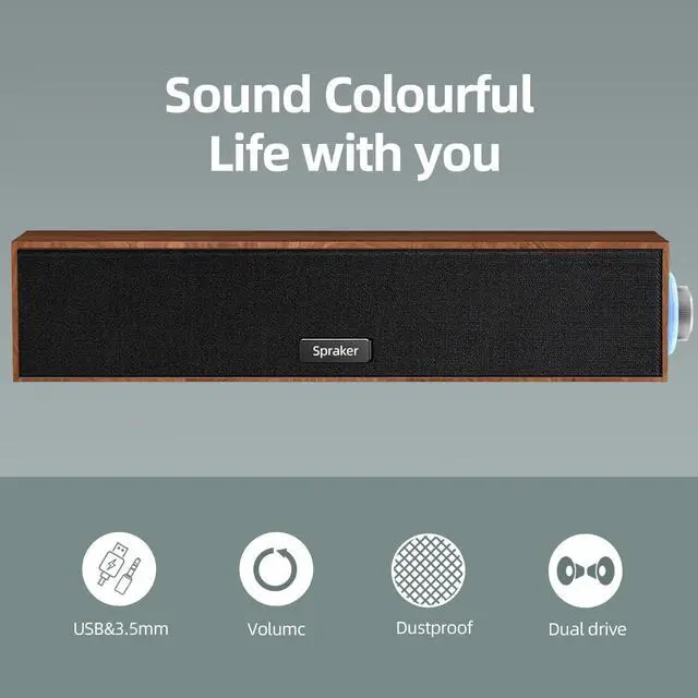 Alt view image 7 of 7 - Computer Speakers,Wooden Multimedia Digital Speaker,USB Powered 3.5mm AUX PC Speakers,Surround Sound Portable Computer Sound Bar Speaker for Desktop Laptop (USB-C to USB Adapter Included)