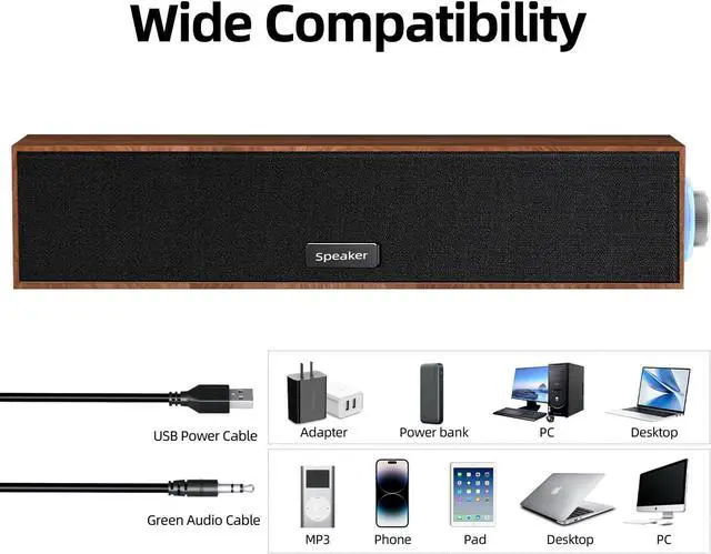 Alt view image 2 of 7 - Computer Speakers,Wooden Multimedia Digital Speaker,USB Powered 3.5mm AUX PC Speakers,Surround Sound Portable Computer Sound Bar Speaker for Desktop Laptop (USB-C to USB Adapter Included)