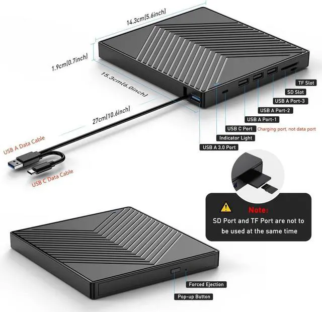 Alt view image 6 of 7 - 8 in 1 High Performance External CD DVD Drive, Ultra Slim CD Burner USB 3.0 with 4 USB Ports and 2 TF/SD Card Slots, Optical Disk Drive for Laptop Mac, PC Windows 11/10/8/7 Linux OS