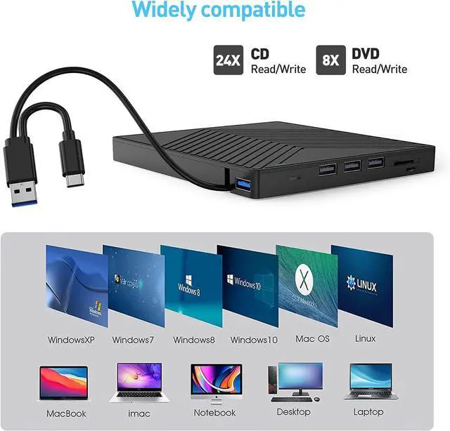 Alt view image 5 of 7 - 8 in 1 High Performance External CD DVD Drive, Ultra Slim CD Burner USB 3.0 with 4 USB Ports and 2 TF/SD Card Slots, Optical Disk Drive for Laptop Mac, PC Windows 11/10/8/7 Linux OS