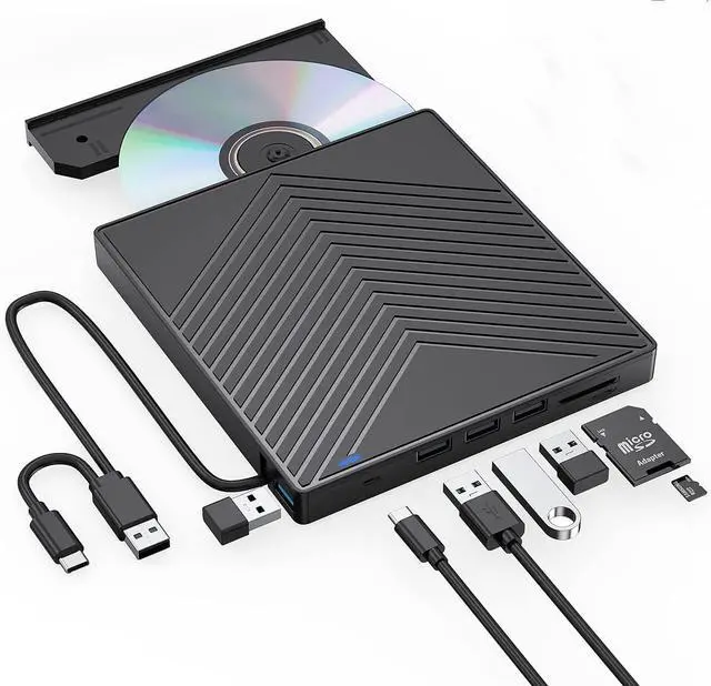 Main image of 8 in 1 High Performance External CD DVD Drive, Ultra Slim CD Burner USB 3.0 with 4 USB Ports and 2 TF/SD Card Slots, Optical Disk Drive for Laptop Mac, PC Windows 11/10/8/7 Linux OS