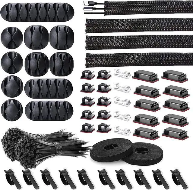 Main image of Updated 252 PCS Cable Management Kit 4 Wire Organizer Sleeve,11 Cable Holder,25Cord Clips 10+2 Roll Cable Organizer Straps and 200 Fastening Cable Ties for Computer TV Under Desk, black,clear