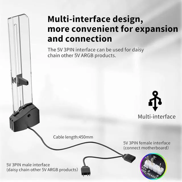 Alt view image 5 of 7 - Adiven 2025 New 5V Addressable RGB Graphics Card GPU Brace Support Video Card Sag Holder,Built-in 5V ARGB,Adjustable Height Support,Tool-free Installation