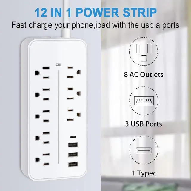 Alt view image 3 of 7 - Power Strip Surge Protector,8 Outlets & 3 USB Ports & 1 USB-C Port, 1700 Joules Wall Mount Desk Power Strip, 4 Ft Power Cord Angled Flat Plug, Spaced Outlets & ETL Listed Power Outlet for Home Office