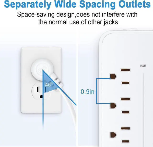 Alt view image 4 of 7 - Power Strip Surge Protector,8 Outlets & 3 USB Ports & 1 USB-C Port, 1700 Joules Wall Mount Desk Power Strip, 4 Ft Power Cord Angled Flat Plug, Spaced Outlets & ETL Listed Power Outlet for Home Office