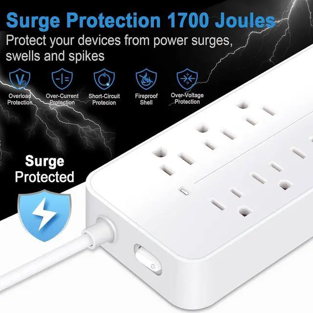 Alt view image 7 of 7 - Power Strip Surge Protector,8 Outlets & 3 USB Ports & 1 USB-C Port, 1700 Joules Wall Mount Desk Power Strip, 4 Ft Power Cord Angled Flat Plug, Spaced Outlets & ETL Listed Power Outlet for Home Office