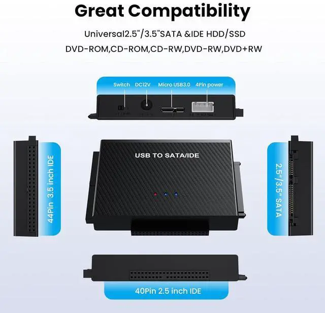 Alt view image 2 of 7 - Hard Drive Reader USB 3.0 to SATA IDE Adapter,IDE SATA to USB + Type C External Hard Drive Adapter Data Recovery Converter Kit for Universal 2.5 3.5 HDD SSD Hard Drive Disk, with 12V/2A Power Adapter