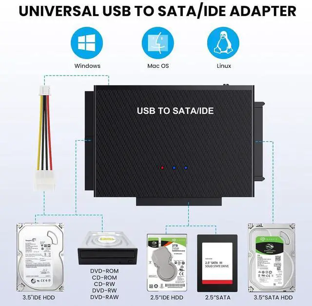 Alt view image 3 of 7 - Hard Drive Reader USB 3.0 to SATA IDE Adapter,IDE SATA to USB + Type C External Hard Drive Adapter Data Recovery Converter Kit for Universal 2.5 3.5 HDD SSD Hard Drive Disk, with 12V/2A Power Adapter