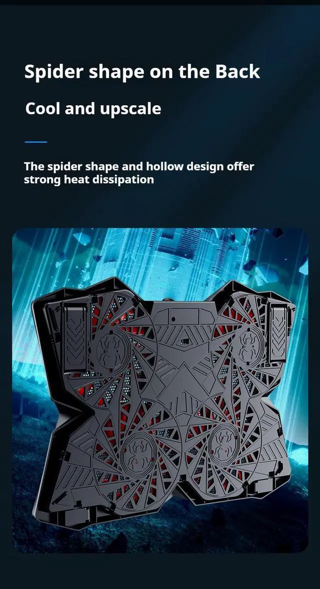 Alt view image 2 of 7 - Adiven Portable Metal Laptop Cooler Cooling Pad, Spider Shape 4 Big Quiet Fans with Red LED Light, Laptop Cooler for Up to 17" Inch Notebook, 2 USB Ports and Speed Control Switch,Cooling Laptop Stand